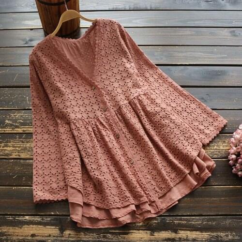 5843 new spring women sweety mori girl hollow embroidery blouse V-Neck long sleeve Cotton women loose shirt tops