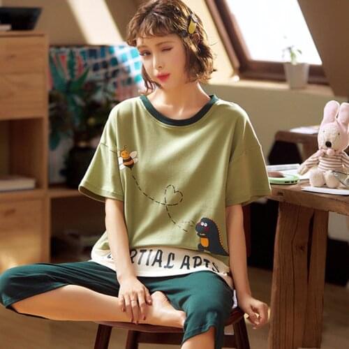 SLPBELY Women Pajamas Set Homewear Summer Casual Cartoon Dinosaur Short Sleeve Pyjama Sleepwear Cute Homesuit Nightwear 2pc Set