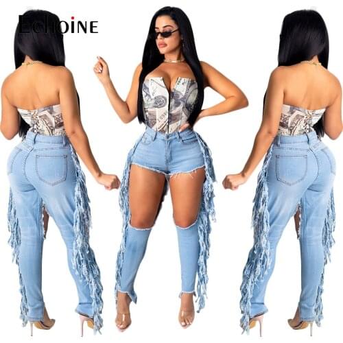 Echoine Womens Sexy Ripped Holes Fringe Jeans Streetwear High Waist Washed Distressed Straight Tassel Denim Pants Trousers