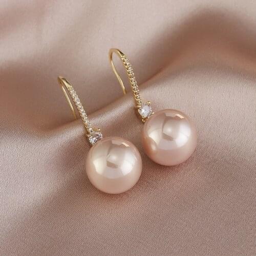 Gojomem Womens Elegant Round Pearl Dangle Earrings Korean Oversize Gold Hooks CZ Stone Drop Earrings Bridal Jewelry