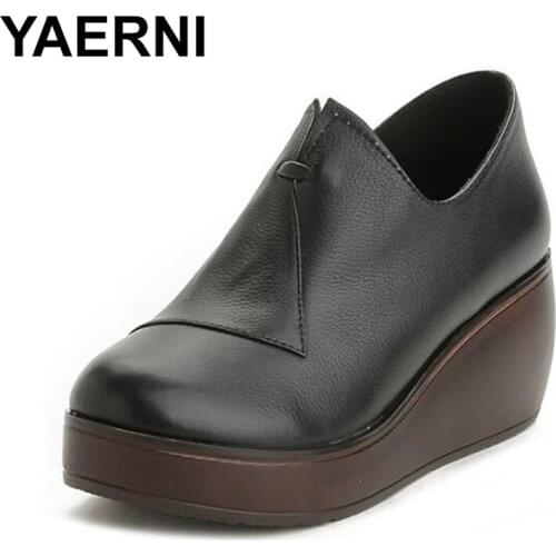 YAERNI new autumn genuine leather women high heels shoes round toe zipper genuine leather pumps women platform shoes