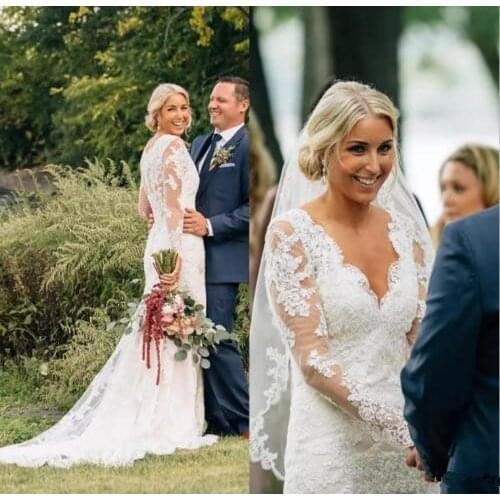 Vestido De Novia luxury Long Sleeve v-neck lace mermaid wedding dress sexy long train bridal gown Wedding gown Robe De Mariage