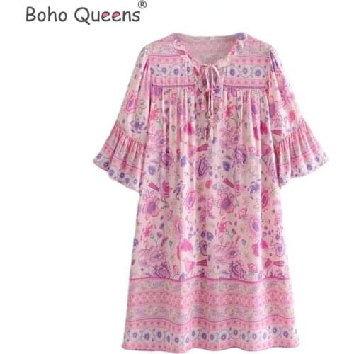 Boho Queens Women floral print long sleeve ruffles beach Bohemian mini dresses Ladies loose V-neck rayon happie dress