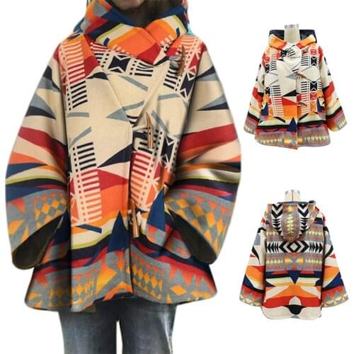 Women Wool Coat Printed Hooded Woolen Coat Women Long Sleeve Loose Overcoat Women Coats and Jackets