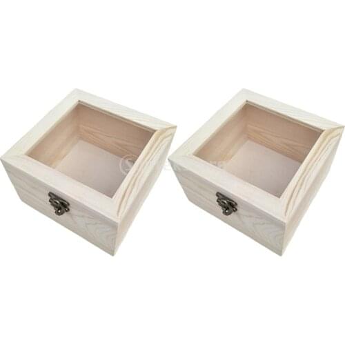 2pcs Unpainted Wooden Case Glass Top Storage Container For Ring Displaying