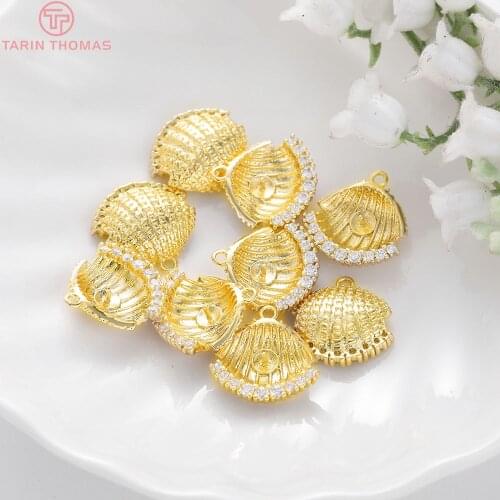 4PCS 15x15MM Hole 1MM 24K Gold Color Brass and Zircon Shell Charms Pendants High Quality Jewelry Making Supplies Diy Accessories