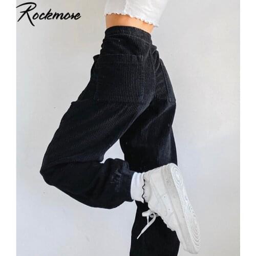Rockmore Black Corduroy Pencil Pants Women Leisure Sweatpants High Waist Joggers 90s Streetwear Long Trousers Harajuku Pants
