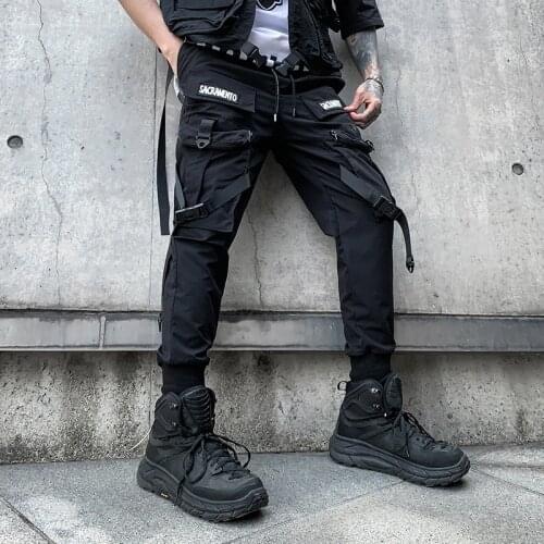 2021 Hip Hop Cargo Pants With Multi Pockets Mens Harajuku Casual Techwear Street Wear Ribbons Vintage Goth Harem Pants Trousers