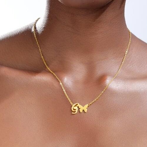 Letter Necklaces Initial Necklace Women Fine Accessories Stainless Steel Gold Chains A-Z Letters Butterfly Font Chain Collier