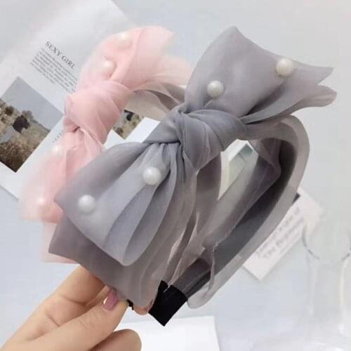 CN Gorgeous Silk Big Bow with Pearl Hairband for Girls Women Simple Solid Mesh Lace Multi-layer Wide-edged Headband for Party