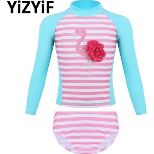 Kids Girls Swimsuit Long Sleeves Tankini Flamingo Printed Bathing Swim Tops & Bottoms Swimwear Children Split Bikini Suit Swim