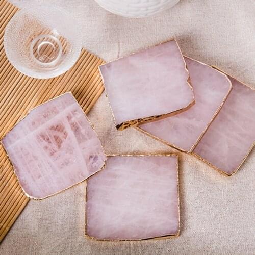 LBER 2Pcs Agate Slice Pink Agate Coaster Teacup Tray Decorative Design Stone Coaster Gold Edges Home Decor Gemstone Coaster Natu