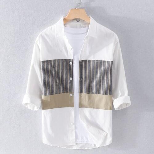 Suehaiwes brand Italy style three-quarter sleeve striped mens shirt casual patchwork cotton shirts for men tops clothing camisa