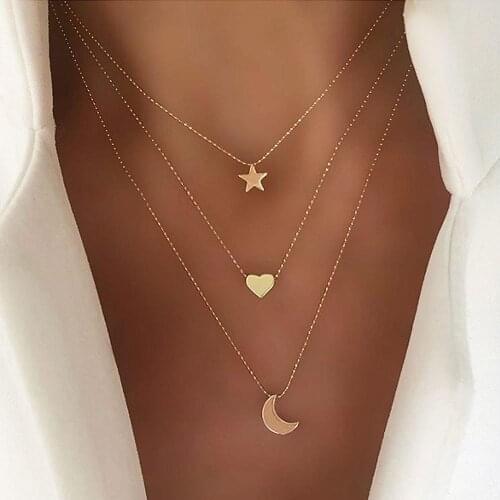 New Sexy Fashion Creative Star Moon Heart-shape Gold Color Long Pendant Clavicle Chain Necklace For Women Jewelry Party Gift