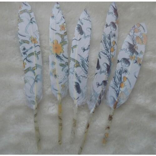50PCS/LOT!9-15CM Printed Goose Wing Feathers,White Feathers with Flowers printed,Jewelry Making,Feather For Earring,Necklace