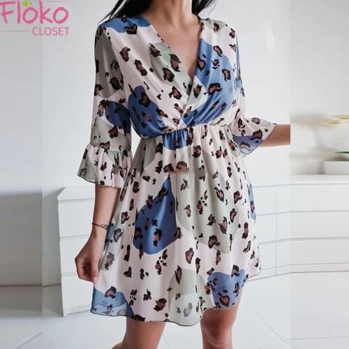Flokocloset Leopard Print V-Neck Ruffles Half Sleeve Mini Dress for Women Summer Casual Party Beach Chiffon Dresses