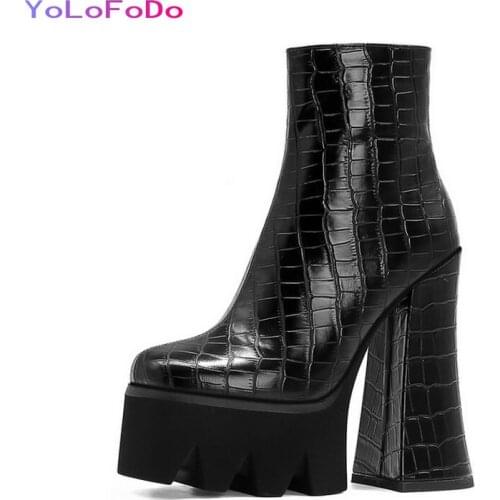 Platform Super Square High Heel Women Ankle Boots Faux Leather Side Zipper Motorcycle Boots Autumn Winter Womans Shoes Black