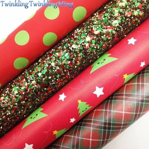 Christmas Glitter Fabric, Tartan Synthetic Leather, Dots Faux Fabric Sheets For Bow A4 21x29CM Twinkling Ming XM021A