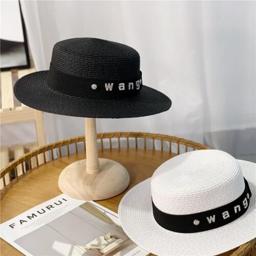 New Summer Sun Hats Women Fashion Girl Straw Hat Ribbon Bow Beach Hat Casual Straw Flat Top Panama Hat Bone Feminino