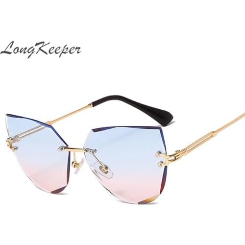 LongKeeper Rimless Diamond Shades Sunglasses Women Fashion Brand Designer Cat Eye Sun Glasses Clear Eyewear UV400