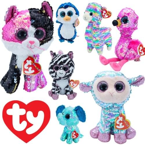 Ty 15CM Big Beanie Eyes Reversible Sequins Cat Elephant Ostrich Alpaca Toy Animal Doll Children Christmas Birthday Gifts