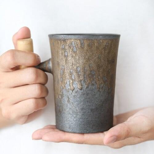Japanese style Vintage Ceramic Coffee Mug tea Cup Tumbler Rust Glaze Office Tea Milk Beer Mug with spoon Wood Handle Water Cup