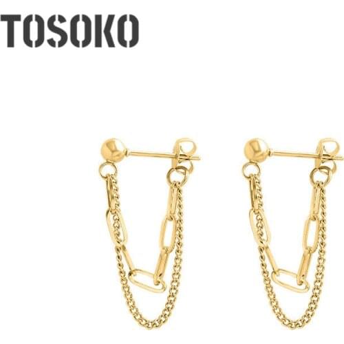 TOSOKO Stainless Steel Jewelry Tassel Double Chain Earrings Fashion Womens Drop Earrings BSF317
