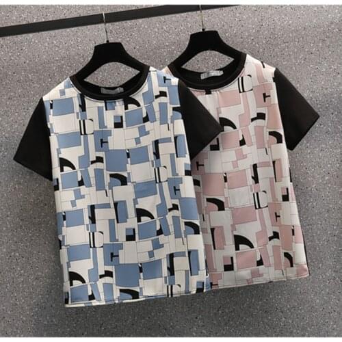 Summer V-Neck Chiffon Tee Shirt Women Short Sleeve Print Cotton T-Shirt Female Casual Loose Oversized Black White Korean Tops