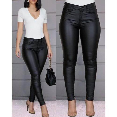 One Piece Elegant Ladies Solid Buttoned Casual Coated Womens Faux Leather Pencil Pants Black Bodycon Trousers Leotard Clothing