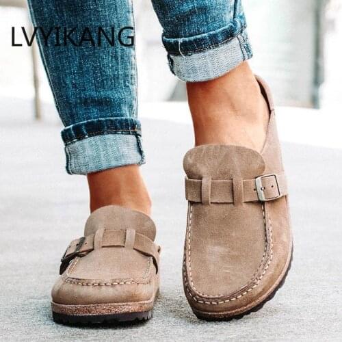 Women Slip On Sandals 2020 Summer Retro Casual Comfy Leather Buckle Suede Ladies Flat Shoes Soft Female Flat Slipper Shoes