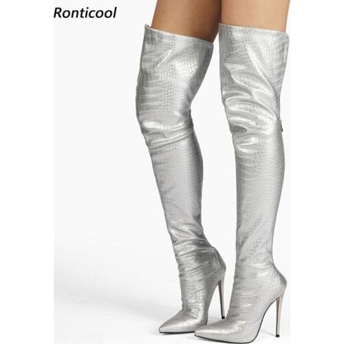 Ronticool 2021 Women Winter Over The Knee Boots Back Zipper Stiletto Heels Pointed Toe Silver Blue White Party Shoes Size 5-15