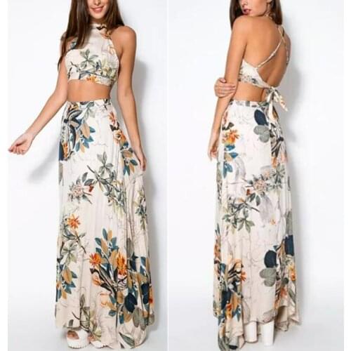 Summer Women Two piece Set Bohemian Beach Dress Leaf Print Crop Top + Dress Sexy Backless Sleevelesss Women Dress 2 Piece Set