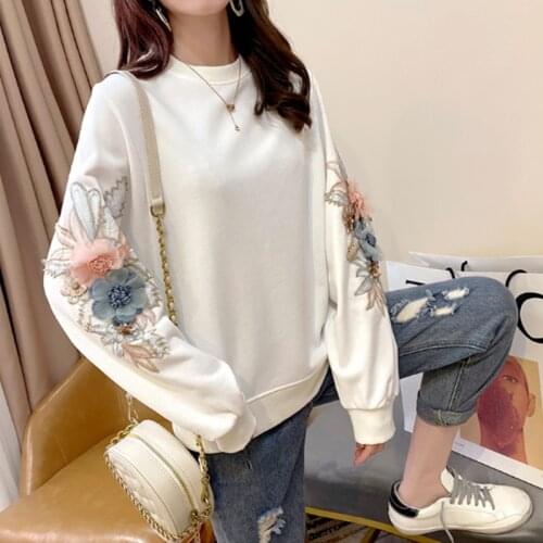 High Quality 2021 Fashion Designer Runway Spring Womens Long Sleeve Flower Embroidery Pullover Sweatshirt Casual Female