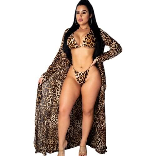 2019 Sexy women biquinis swimsuit Leopard print vintage 3pcs summer triangle bikini set + cover up Padded beach bathing holiday