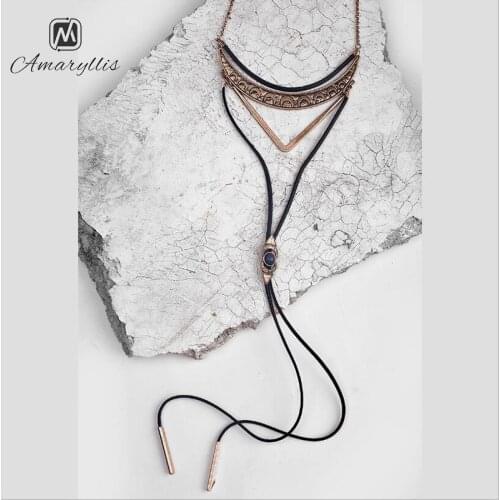 Amaiyllis Tribal Moon Crescent V layer Pendant Choker Necklace For Women long Leather Dangle Sweater Necklace Mix Ethnic Collar