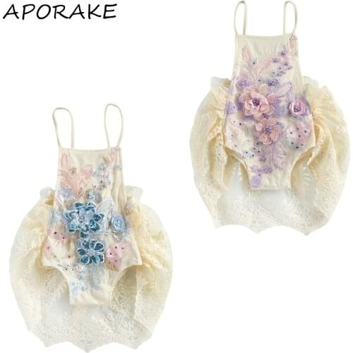 2021 Princess Baby Girls Fashion Suspender Jumpsuits Dress Sweet Lace 3D Flower Pears Embroidery Crochet Backless Lace-Up Romper