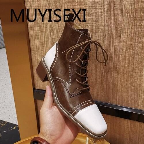 Mixed color ankle boots modern fashion genuine leather square toe 4.5cm med heel autumn winter mature lady lace up TY11 MUYISEXI