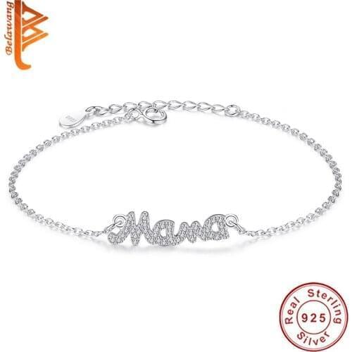 Solid 925 Sterling Silver Mama Bracelet with CZ Crystal Bracelet For Women Jewelry Family Mothers Day Mom Gift