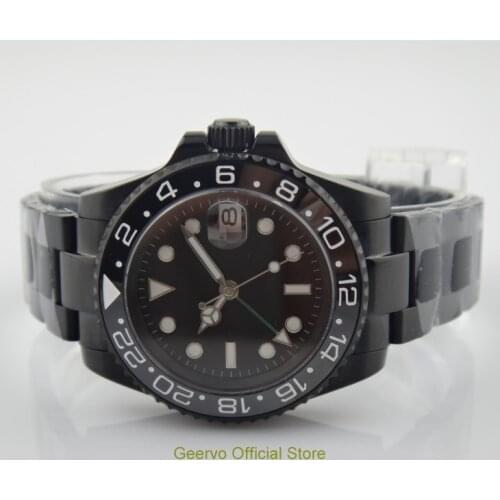 Sapphire crystal 40mm GEERVO black dial Asian Automatic Self-Wind movement Ceramic bezel GMT luminous PVD case mens watch 153A