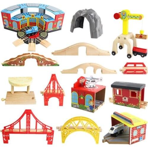 Wooden Railway Track Accessories Bridge Tunnel Cross Compatible All Brands Track Educational Rail Train Car Toys For Kids