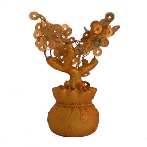 Feng Shui Gold I-ching Coins Money Tree with Chinese Coin Bag Wealth H 7.8inch W Fengshuisale Red String Bracelet SKU:W1717