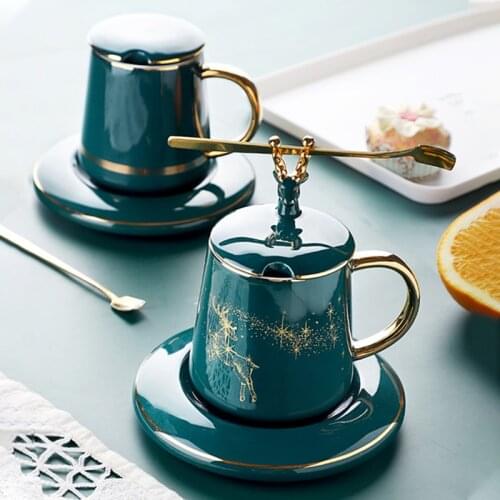 Ceramic Coffee Cup With Lid And Spoon Set Cup With Milk Afternoon Tea Christmas Creative Gift Nordic Style Elk Phnom Penh Mug