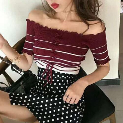 Summer Female Harajuku Sexy T-shirt Women 2019 Slash Neck Striped Short Sleeve tshirt Knitted Lace Up Ruffles knitted t shirt