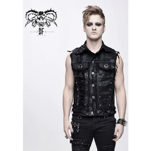 Devil Fashion Mens Punk Sleeveless Vest Daily Casual Slim Fit Back Skull Printing Denim Wasicoat