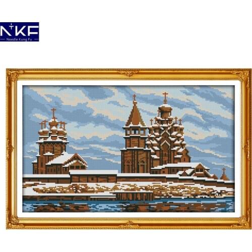 NKF Snow-covered Landscape Counted Cross Stitch Painting DIY Needlework Embroidery Scenery Cross Stitch Kits for Home Decor