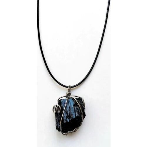 Black Tourmaline Stone Pendant Necklace Black Cord Adjustable Radiation Protection Stone Rough Crystal Raw Jewelry