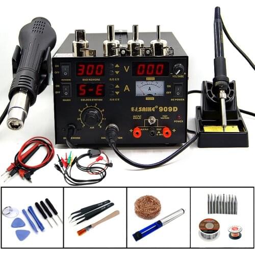 Saike 909D Soldering Iron Station Hot Air Gun Station+Electricity Soldering Iron+Power Supply 3 in1 Soldering Rework Station