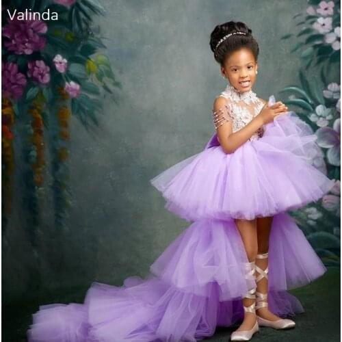 Lavender High Low Girls Dresses with Lace Applique Mother Daughter Clothing Birthday Party Pageant Gowns Kids Couture