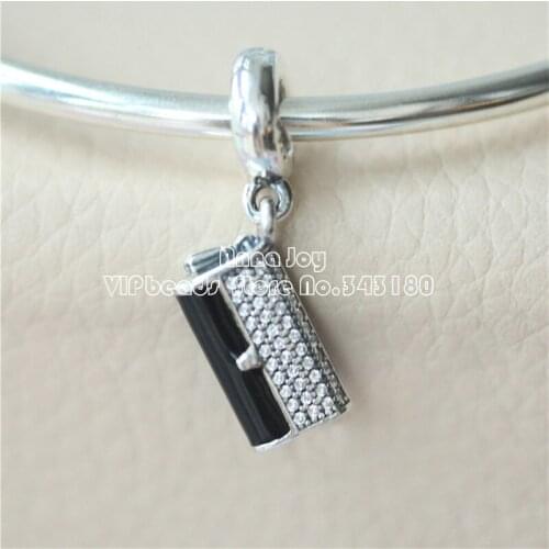 925 Sterling Silver Clutch Bag Pendant with Black Enamel and Clear Cz Charm Bead Fit European Jewelry Bracelets Necklaces DA229