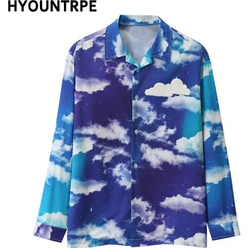 Mens Fashion High Street Sky Clouds Shirts Casual Turn Down Collar Hip Hop Tops Shirt Back Reflective Letters Streetwear Shirts